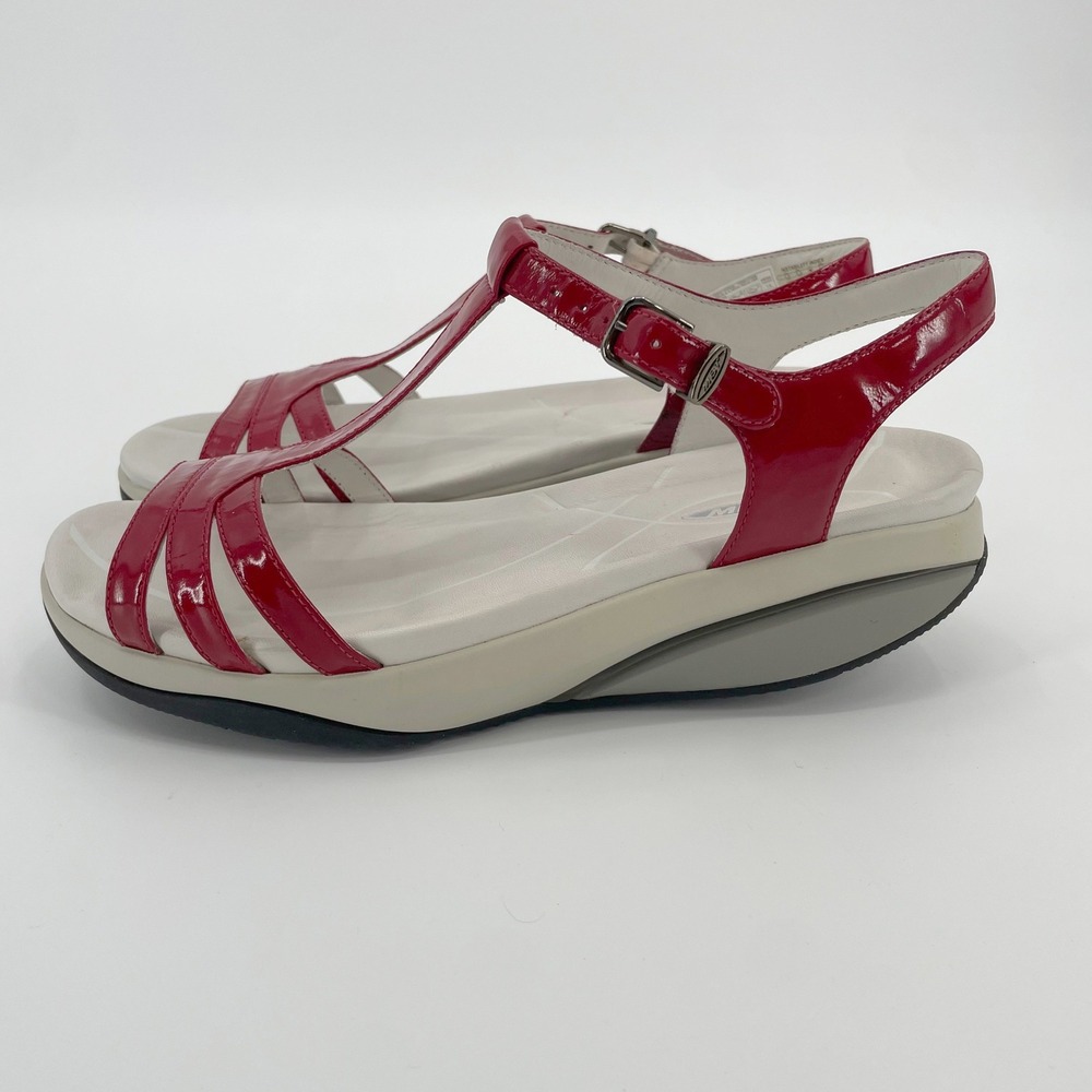 MBT Sandals Womens 8-8.5 Red Patent Leather Rocker Sole T-Strap Walking Comfort